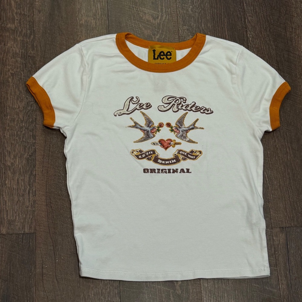 Lee Forever 21 Baby Tee White Orange Lee Riders Graphic Large